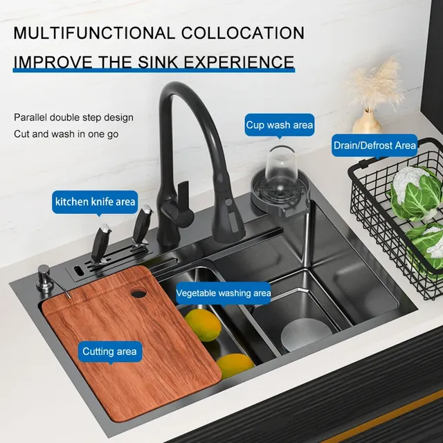 Évier cuisine acier inoxydable 304 brossé posé sur plan… – vue 3