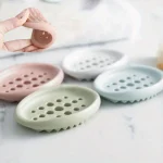 Oval Silicone Soap Dish with Self Draining Multifunctional Bathroom Storage Rack Holder for Sink Counter Organizer