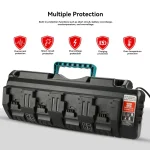 chargeur batterie quatre ports 3A portable multi emplacements outils électriques boîtier noir poignée clips verrouillage voyants LED protections