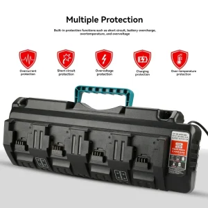 chargeur batterie quatre ports 3A portable multi emplacements outils électriques boîtier noir poignée clips verrouillage voyants LED protections chargeur batterie quatre ports 3A portable multi emplacements outils électriques boîtier noir poignée clips verrouillage voyants LED protections