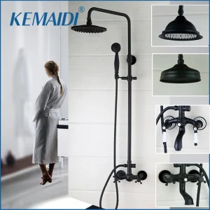 KEMAIDI – ensemble de douche de salle de bains noir, robinet de douche mural de 8 pouces, 3 fonctions, 2 poignées croisées, accessoires de douche en laiton massif