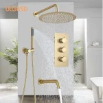 Système de douche thermostatique à 3 voies, or brossé, encastré dans le mur, pluie, baignoire, centre commercial, robinet, bec rotatif