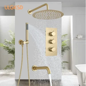 Système de douche thermostatique à 3 voies, or brossé, encastré dans le mur, pluie, baignoire, centre commercial, robinet, bec rotatif