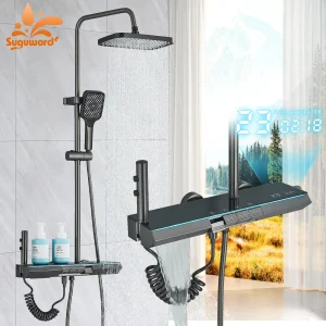 colonne douche thermostatique affichage numérique led pommeau pluie main pulvérisateur bidet quatre boutons mitigeur cascade baignoire noir mat