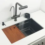 Évier de cuisine en acier inoxydable 304, montage encastré ou supérieur, noir mat, lavage avec planche à découper, lave-gobelets