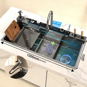 Évier de cuisine cascade en acier inoxydable, Extra Large, fente unique avec affichage numérique, ensemble de robinets pour la cuisine