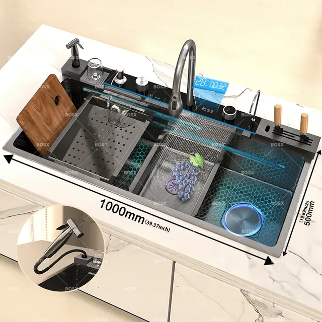 Évier de cuisine cascade en acier inoxydable