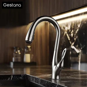 Robinet de cuisine en laiton doré brossé, pulvérisateur extractible avec cartouche en céramique, mitigeur chaud-froid, robinet d’évier moderne, conception Durable L Robinet de cuisine en laiton doré brossé, pulvérisateur extractible avec cartouche en céramique, mitigeur chaud-froid, robinet d’évier moderne, conception Durable L