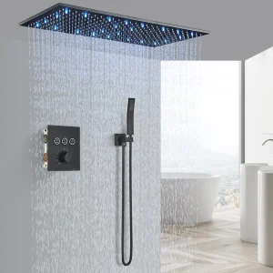 Robinet de douche au plafond, grande pomme de douche LED à effet de pluie, système de douche dissimulé, douche intégrée noire Robinet de douche au plafond, grande pomme de douche LED à effet de pluie, système de douche dissimulé, douche intégrée noire