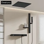 Système de douche thermostatique de plafond de luxe, en laiton noir, 3 fonctions, mur intégré, eau froide et chaude, sortie cascade, robinet de salle de bains
