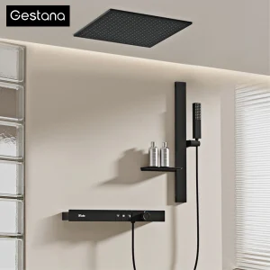 Système de douche thermostatique de plafond de luxe, en laiton noir, 3 fonctions, mur intégré, eau froide et chaude, sortie cascade, robinet de salle de bains