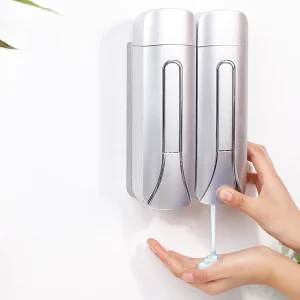 Distributeur mural double savon shampoing gel douche désinfectant ABS argenté slim ergonomique poussoirs bas fenêtre transparente contrôle niveau