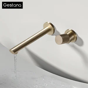 Robinet de salle de bains mural en laiton doré brossé de luxe, volume d&rsquo;eau réglable, conception intégrée pour robinet de lavabo d&rsquo;eau chaude et froide