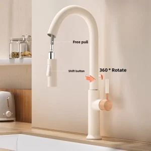 Robinet de cuisine en rondins crème extractible, robinet tout en cuivre chaud et froid, robinet d&rsquo;évier de légumes rotatif télescopique de cuisine G3/8G1/2