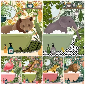 Affiches d&rsquo;animaux de dessin animé dans la baignoire, images murales pour salon, affiche nordique, peinture sur toile d&rsquo;art mural sans cadre