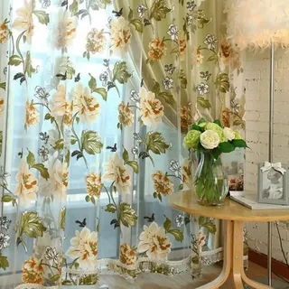 Rideau voilage tulle polyester transparent brodé floral pivoine relief…