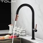 TOLM robinet de cuisine robinet d&rsquo;évier eau chaude et froide brossé Chrome noir acier inoxydable robinet en laiton extractible pivotant à 360 degrés