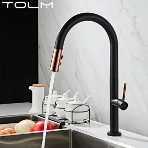 TOLM robinet de cuisine robinet d’évier eau chaude et froide brossé Chrome noir acier inoxydable robinet en laiton extractible pivotant à 360 degrés TOLM robinet de cuisine robinet d’évier eau chaude et froide brossé Chrome noir acier inoxydable robinet en laiton extractible pivotant à 360 degrés