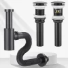 Siphon bouteille laiton bonde clic clac lavabo vasque tropplein finition noir mat tuyau annelé flexible évacuation métal ABS étanche
