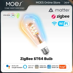 MOES – ampoule LED intelligente ST64 Edison, Tuya Matter/WiFi/Zigbee, 16 millions de couleurs rvb, 2700K-6500K, variable, fonctionne avec Alexa/Google Home MOES – ampoule LED intelligente ST64 Edison, Tuya Matter/WiFi/Zigbee, 16 millions de couleurs rvb, 2700K-6500K, variable, fonctionne avec Alexa/Google Home