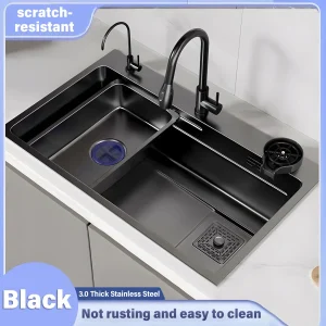 Éviers de cuisine en acier inoxydable 304, noir mat, mélangeur d&rsquo;eau froide et chaude avec robinet purificateur d&rsquo;eau et lave-tasse