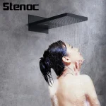Stenoc noir luxe haute qualité mural en acier inoxydable carré argent grande douche à effet de pluie et cascade pomme de douche pulvérisateur