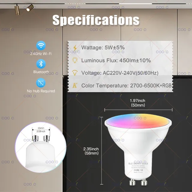 Tuya WiFi GU10 ampoule LED intelligente Bluetooth GU10… – vue 2