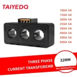 transformateur courant triphasé toroïdal compact industriel boîtier plastique noir trois alésages 32mm primaire 100A 150A 200A