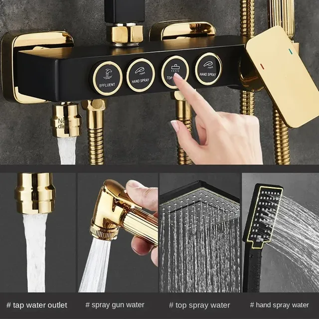 Colonne douche murale noire mate dorée tête pluie carrée… – vue 5