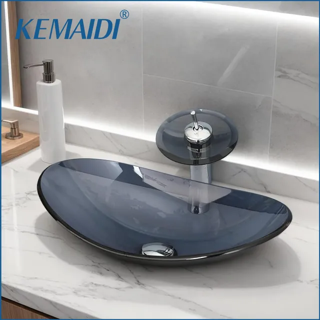 Vasque verre trempé ovale aplatie bleu gris fumée rebord… – vue 2