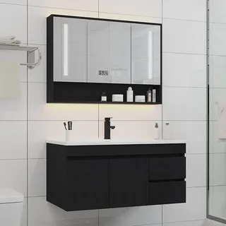 Meuble vasque suspendu noir finition bois texturé lavabo blanc intégré…