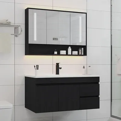 Meuble vasque suspendu noir finition bois texturé lavabo…