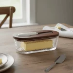 Boîte à beurre en verre de forme ovale, récipient à beurre Transparent Visible, conservation de la fraîcheur avec couvercle et spatule, assiette à beurre pour déjeuner