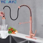 YCRAYS robinet de cuisine à ressort en cuivre rouge or Rose avec pulvérisateur double Modes extractible de 60cm, mitigeur d&rsquo;eau chaude et froide monté sur le pont