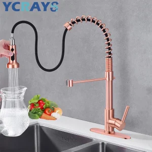 YCRAYS robinet de cuisine à ressort en cuivre rouge or Rose avec pulvérisateur double Modes extractible de 60cm, mitigeur d&rsquo;eau chaude et froide monté sur le pont