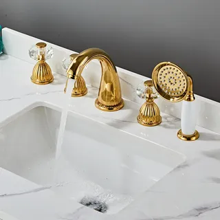 Robinetterie lavabo quatre pièces laiton doré poli bec arc poignées…