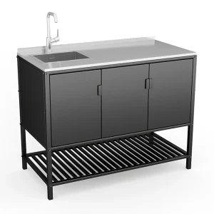 Armoires de cuisine extérieures personnalisées, conception en acier pour usage domestique avec évier Armoires de cuisine extérieures personnalisées, conception en acier pour usage domestique avec évier