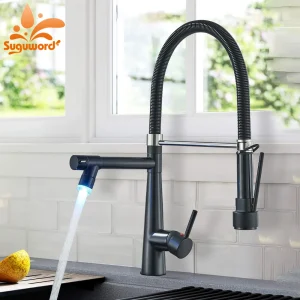 Robinet de cuisine LED à ressort, bec pivotant extractible, robinets d’évier à ressort, montage sur pont, mélangeur d’eau froide et chaude en laiton, grue de baignoire de lavage Robinet de cuisine LED à ressort, bec pivotant extractible, robinets d’évier à ressort, montage sur pont, mélangeur d’eau froide et chaude en laiton, grue de baignoire de lavage