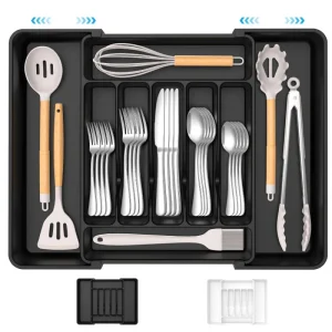 Organisateur d&rsquo;ustensiles pour tiroirs de cuisine, plateau d&rsquo;ustensiles de cuisine extensible, porte-couverts réglable en argenterie, plastique