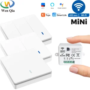 Interrupteur d&rsquo;éclairage Wifi et RF sans fil, panneau d&rsquo;interrupteur mural à bouton-poussoir 433 MHz, mini module disjoncteur 110-220 V 10 A, commande vocale, synchronisation compatible avec Tuya, Google Home, Alexa