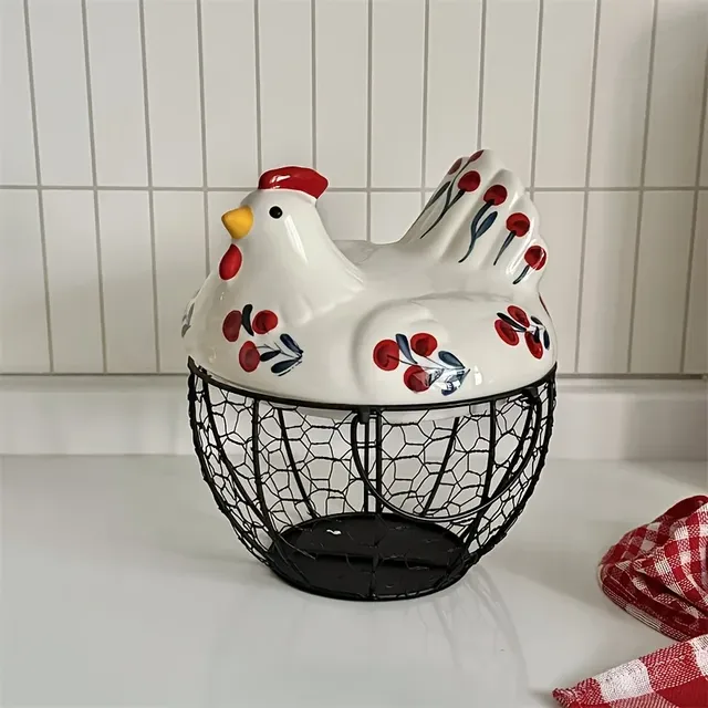 Panier oeufs poule céramique couvercle amovible peint… – vue 6
