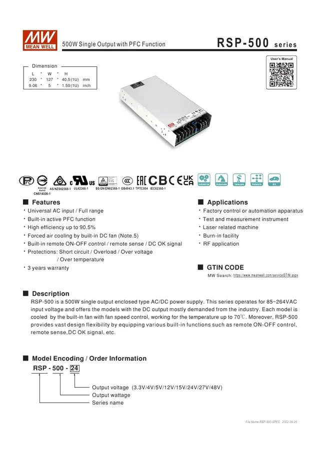 Alimentation découpage industrielle MeanWell RSP500 500W… – vue 4