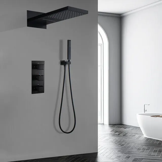 Ensemble douche thermostatique encastré mural doré… – vue 2