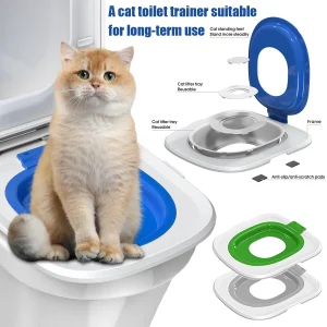 Réducteur toilette chat ergonomique silicone souple amovible lavable antidérapant antirayures compatible cuvette standard durable confortable compact installation rapide