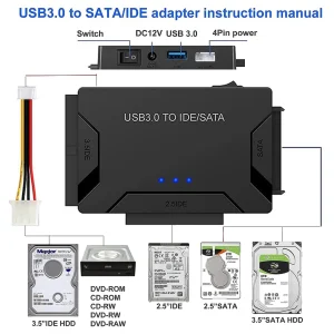 Adaptateur de disque dur USB 3.0 vers SATA IDE, câble convertisseur pour disque dur 3.5 2.5 pouces HDD/SSD CD DVD ROM CD-RW 3 en 1, adaptateur USB IDE SATA Adaptateur de disque dur USB 3.0 vers SATA IDE, câble convertisseur pour disque dur 3.5 2.5 pouces HDD/SSD CD DVD ROM CD-RW 3 en 1, adaptateur USB IDE SATA