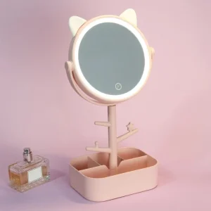 Miroir de maquillage LED avec oreilles, lampe lumineuse avec rangement, miroir cosmétique rotatif de bureau, lumière réglable, miroir de vanité USB à gradation