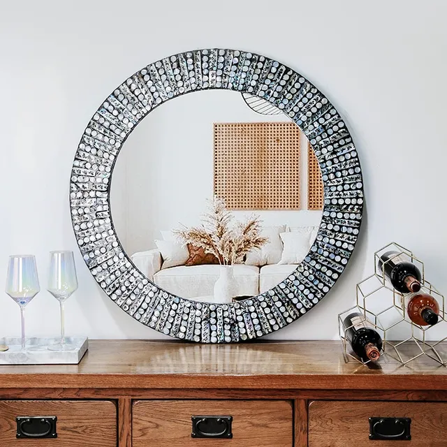 Miroir mural de maquillage circulaire en bois