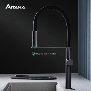 Robinet de cuisine de luxe en laiton noir au design simple, mélangeur d&rsquo;évier d&rsquo;eau chaude et froide à poignée unique extractible à aspiration magnétique
