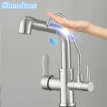 Filtre tactile pour évier de cuisine, robinet de centre commercial avec nervures vers le bas, capteur d&rsquo;eau pure à 3 voies, chaud et froid