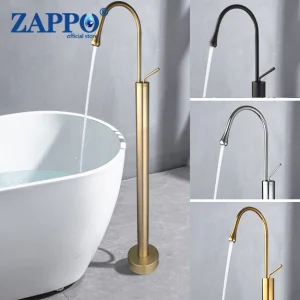 ZAPPO Robinet de baignoire autoportant à poignée unique sans pulvérisation à main Robinet mitigeur en laiton à levier unique Or brossé ZAPPO Robinet de baignoire autoportant à poignée unique sans pulvérisation à main Robinet mitigeur en laiton à levier unique Or brossé